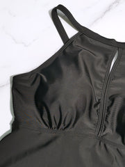 Women's Plus Size Tankini: Solid Keyhole Halter Neck Cami Top & Shorts