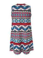  Southwestern Print Tank Dress Mock Neck Casual Slight Stretch