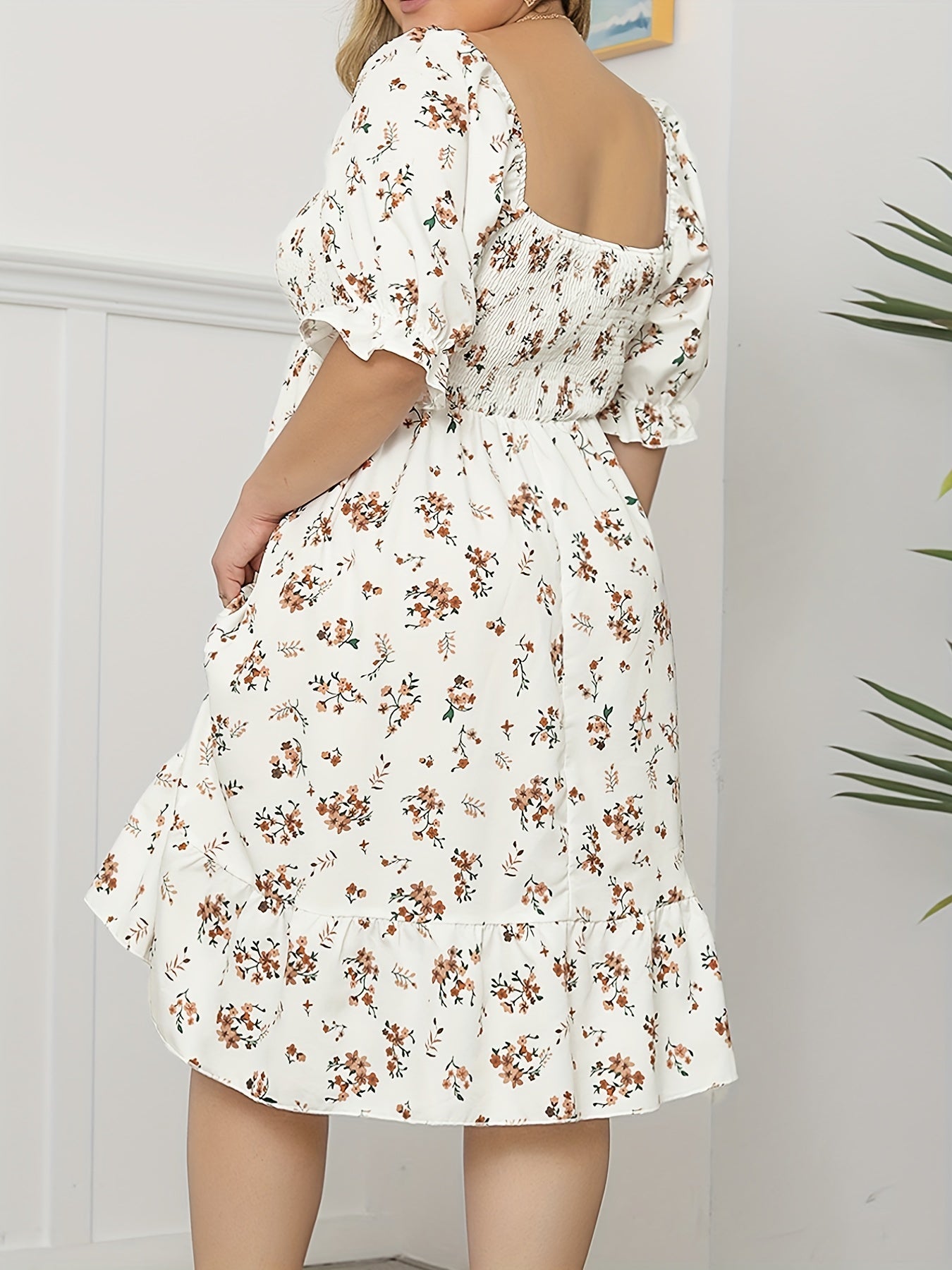  Floral Print Puff Sleeve Ruffle Trim Dress