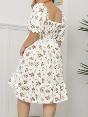  Floral Print Puff Sleeve Ruffle Trim Dress