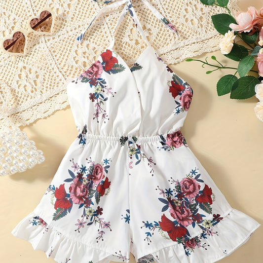 Girls Floral Print Wrap Front Casual Romper Shorts For Beach Vacation
