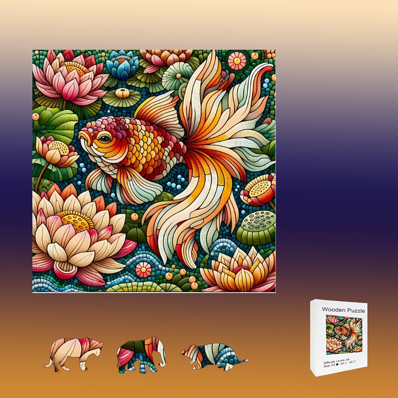 Lotus and Goldfish Wooden Puzzle Home Decor Birthday Gift