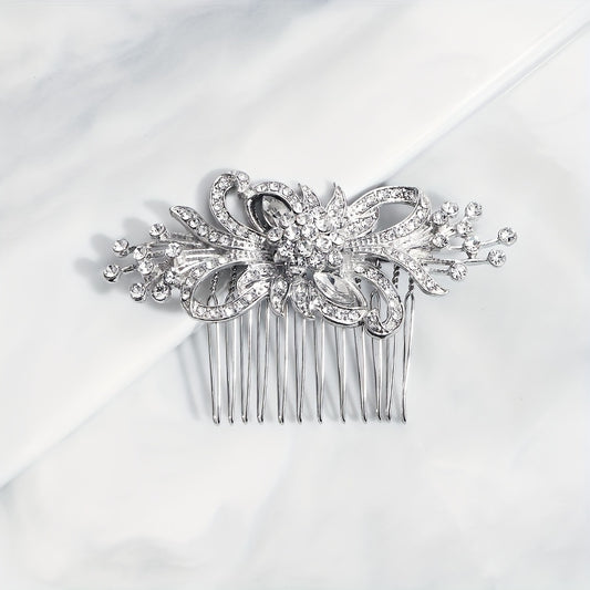 Rhinestone Flower Decor Hair Comb Vintage Alloy Hair Pin Bridal Wedding Headwear