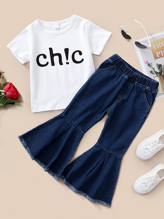 Toddler Girl's Print T shirt & Denim Pants Set for Summer