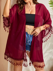  Boho Kimono Women's Plus Solid Short Sleeve Open Front Tassel