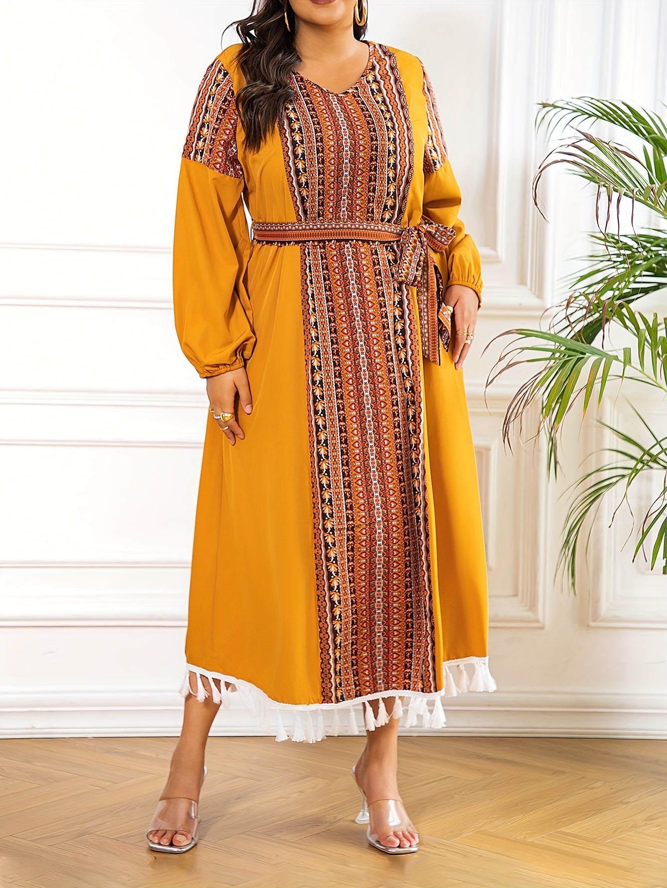  Colorblock Abaya Dress Geometric Print Tassel V Neck