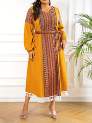 Colorblock Abaya Dress Geometric Print Tassel V Neck