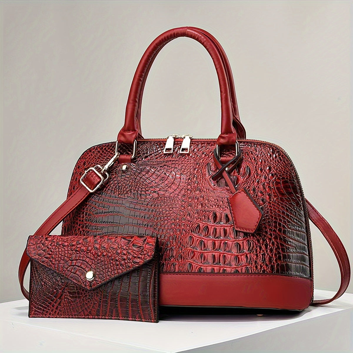 Crocodile Pattern Shell Tote Bag with Matching Mini Clutch