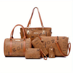 6pcs Retro Letter Print Bag Set Tote Crossbody Clutch