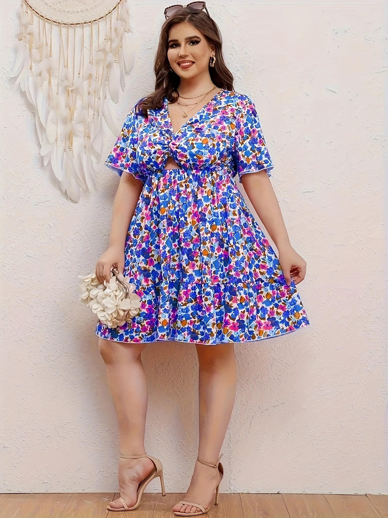  Ditsy Floral Print Butterfly Sleeve A Line Dress
