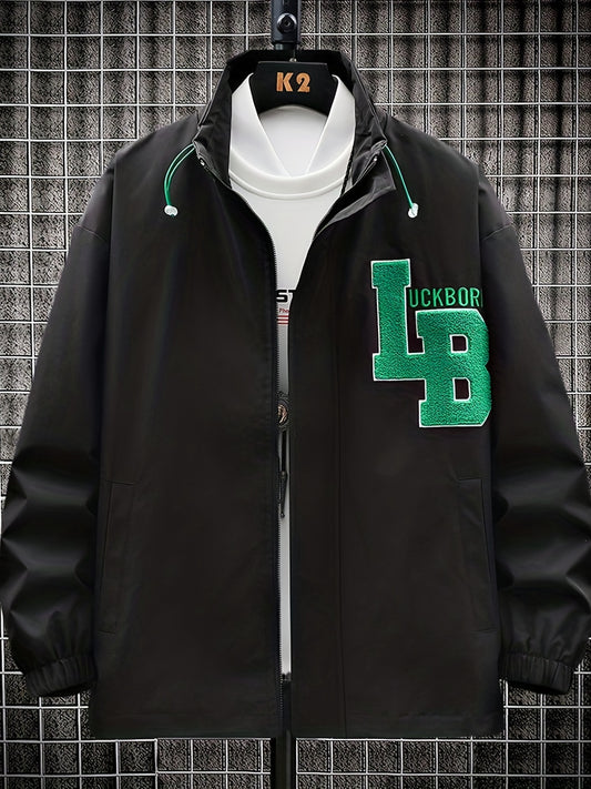 Men's Embroidery Drawstring Jacket Stretch Zip Up Stand Collar Jacket