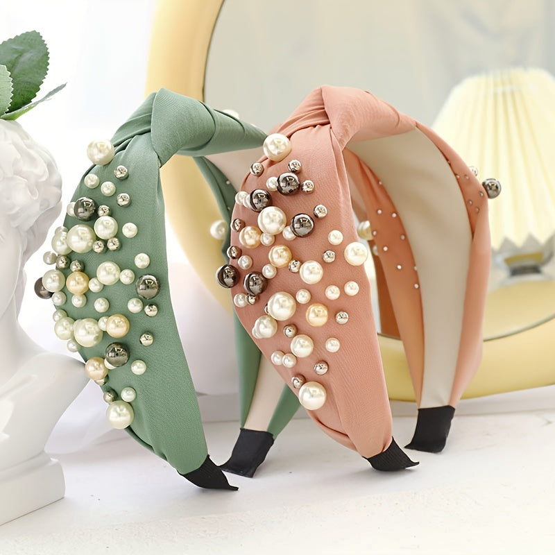 Solid Fabric Knotted Headband with Faux Pearl Hair Bow