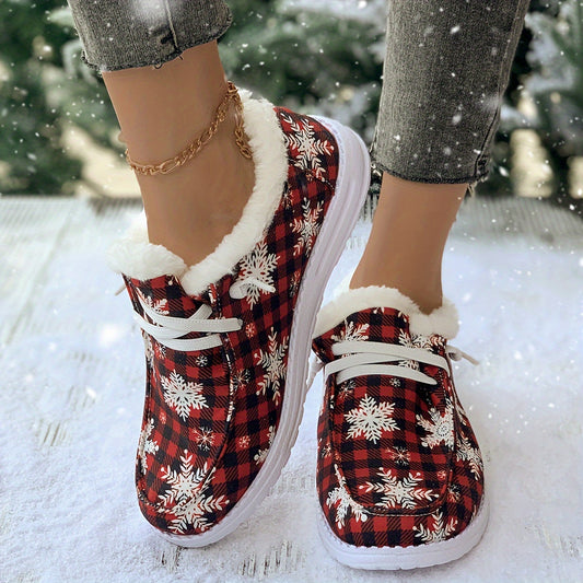 Women's Snow Boots Plaid & Snowflakes Print Warm Lace-up Winter Christmas Boots