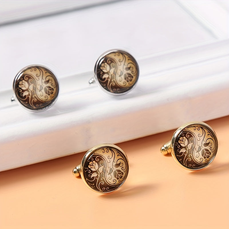 Round Engraved Rose Pattern Cufflinks for Women and Men