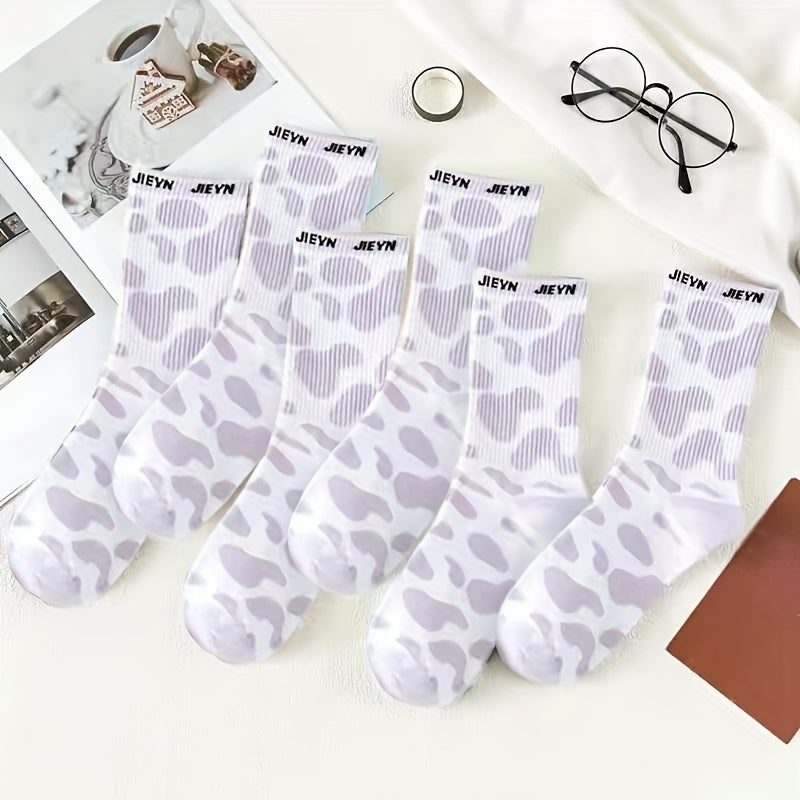 6 Pairs Cow Spot Print Socks Breathable Letter Print Stockings