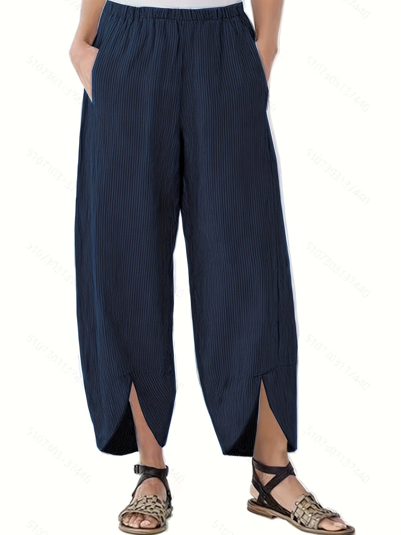  Ribbed Wide Leg Split Pants With Pockets