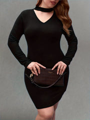  Solid Long Sleeve Cut Out Mock Neck Mini Dress