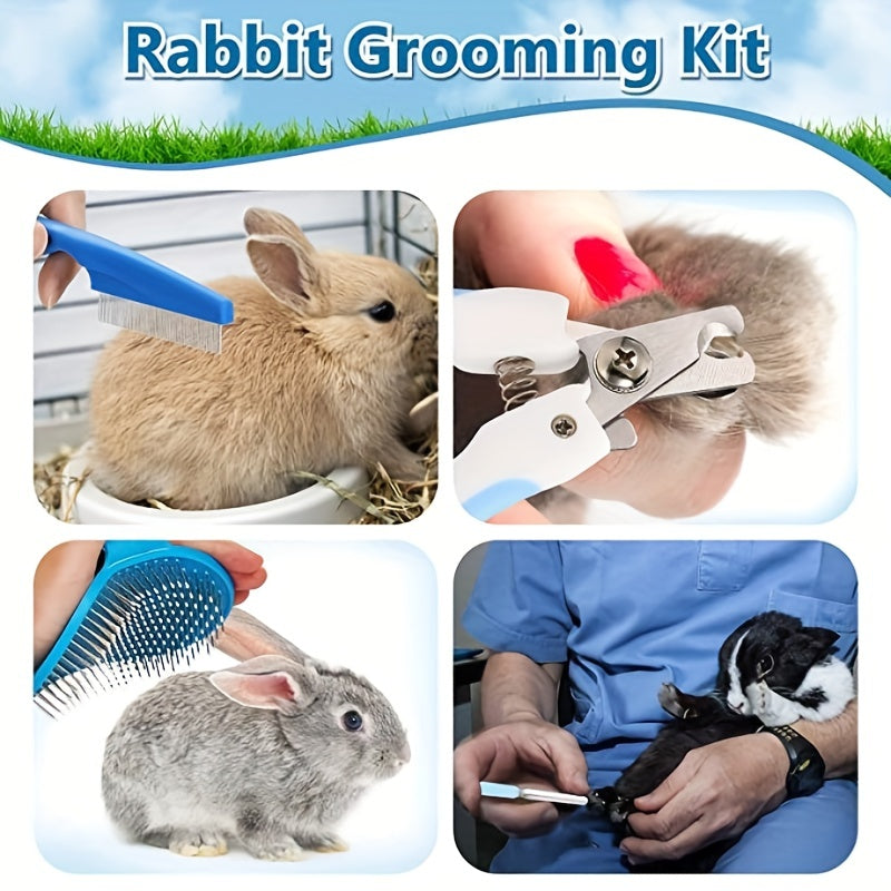 4pcs Small Cat Rabbit Grooming Kit Bunny Brush Comb Nail Clipper File Bath Brush