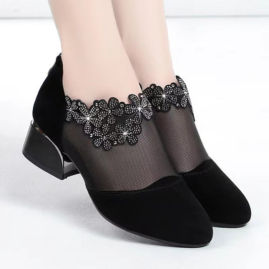 Women's Rhinestone Mesh Block Heels Sandals