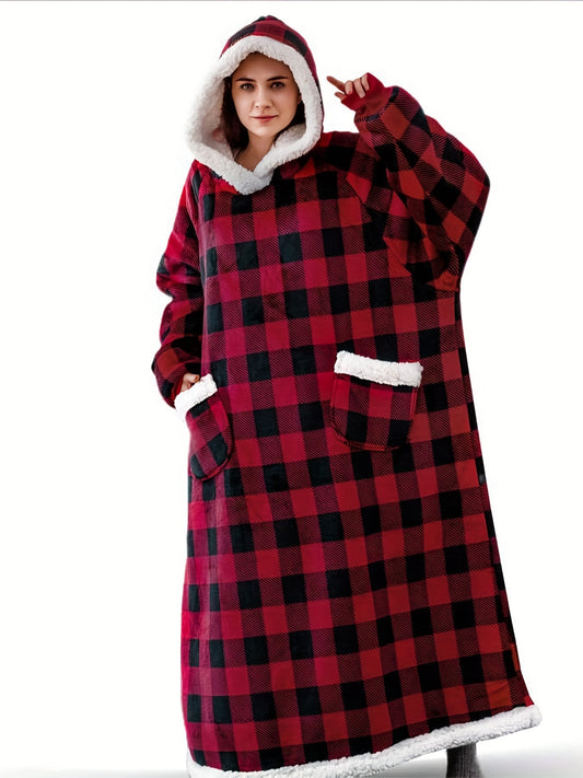  Hooded Fleece Blanket Robe Women's Long Sleeve Flannel Loungewear
