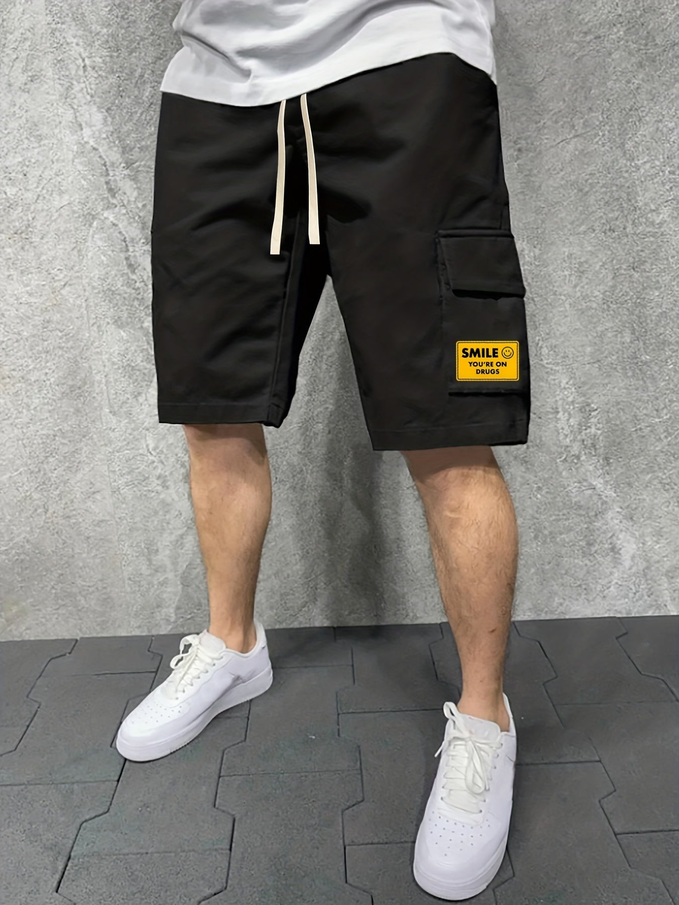 Men's Comfy Cargo Shorts Smile Solid Stretch Elastic Waist Drawstring Shorts