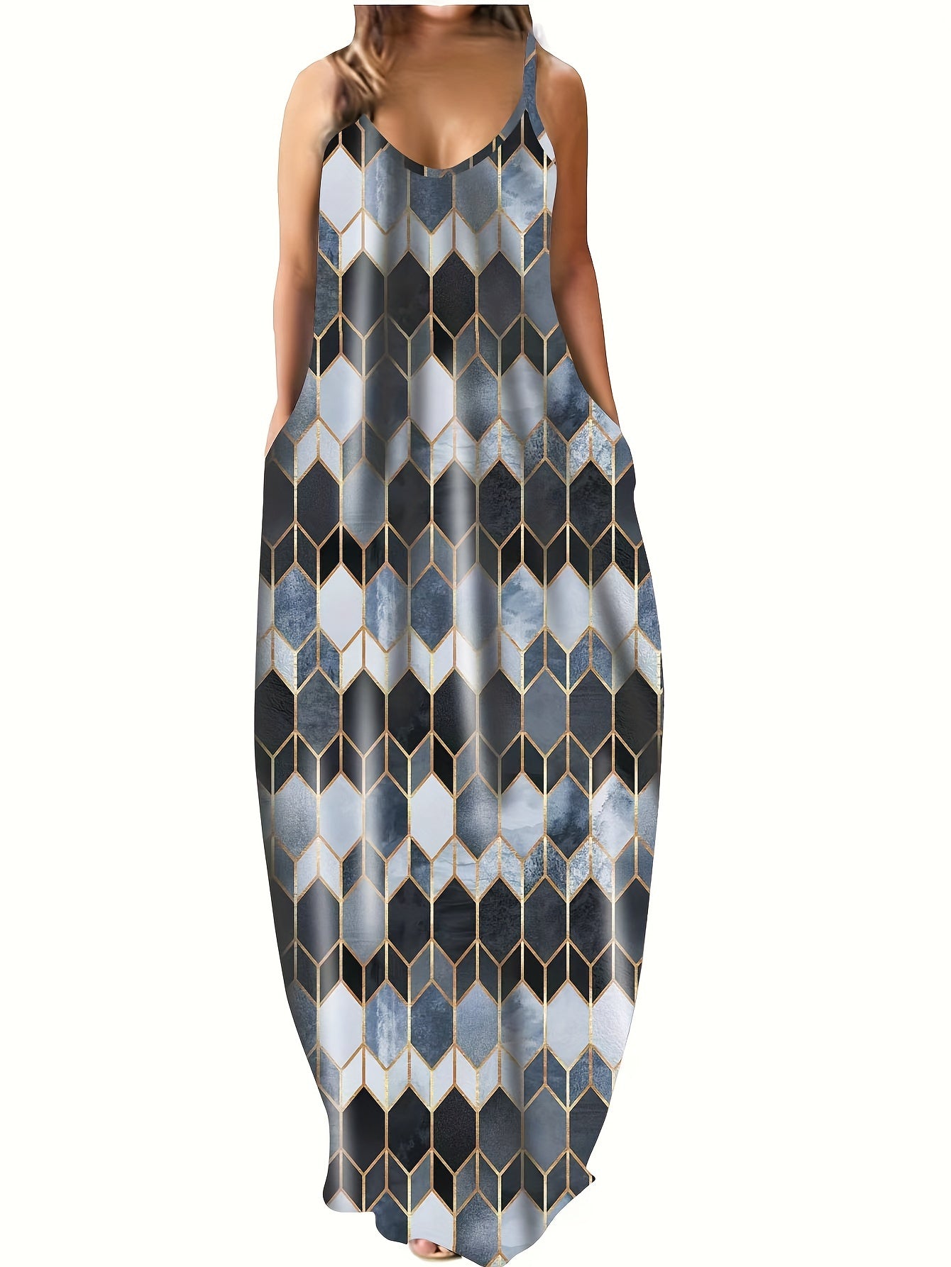  Colorblock Geometric Print Maxi Cami Dress