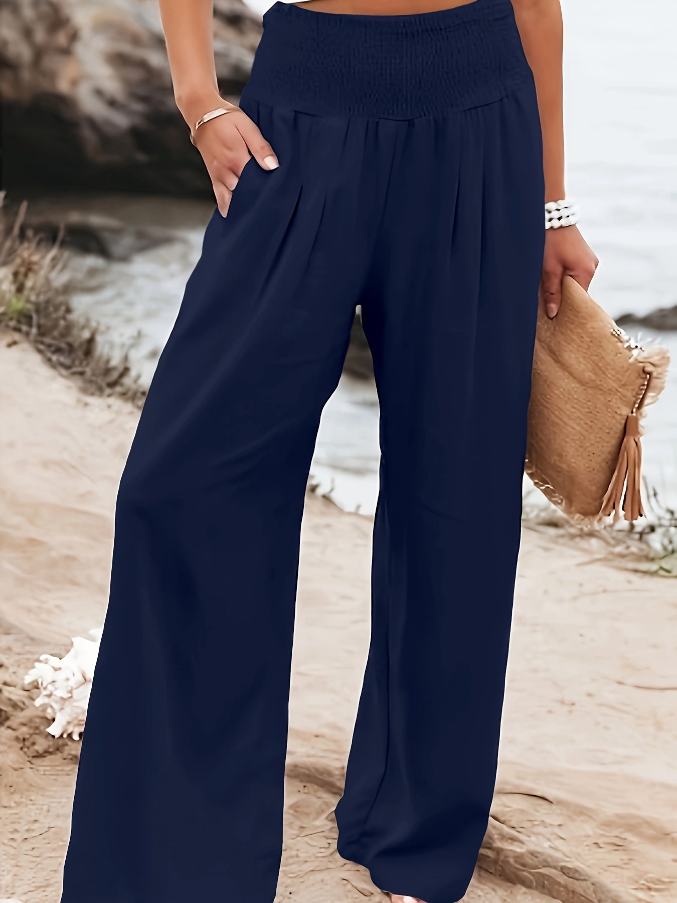  Solid Shirred Waist Wide Leg Trousers