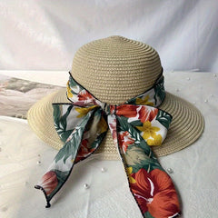 Wide Brim Sun Hat Flower Print Ribbon Bowknot Decor Travel Beach Hats UV Protect