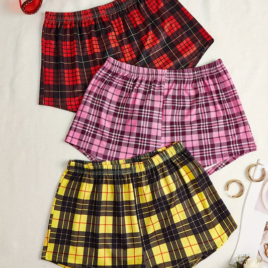 3 Pack Plus Size Plaid Pajama Shorts Set Women's High Stretch Elastic Lounge