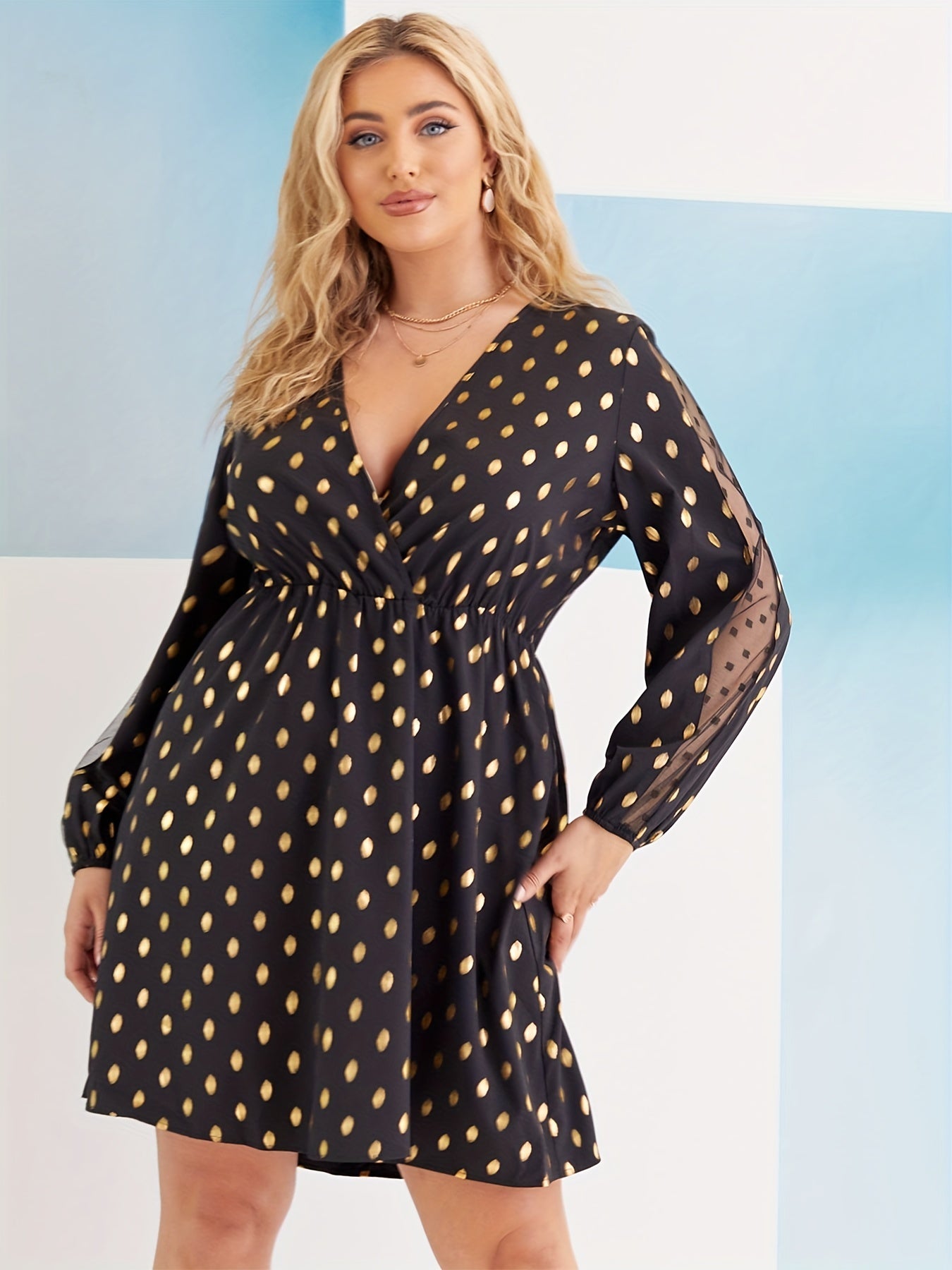  Women's Golden Dot Print Mesh Sleeve V Neck Mini Dress