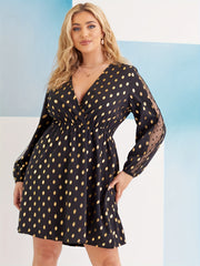  Women's Golden Dot Print Mesh Sleeve V Neck Mini Dress