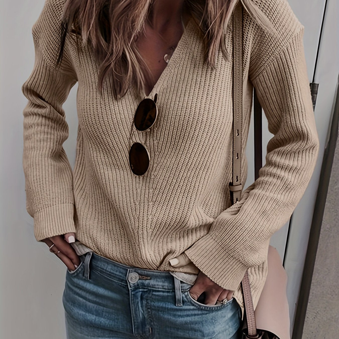  Solid V Neck Stretch Jumper