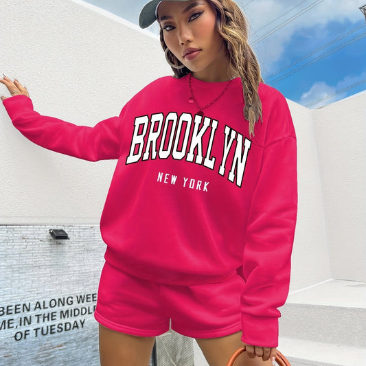 Casual Two-piece Set Long Sleeve Pullover & Shorts Outfit Women's Clothing