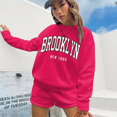 Casual Two-piece Set Long Sleeve Pullover & Shorts Outfit Women's Clothing