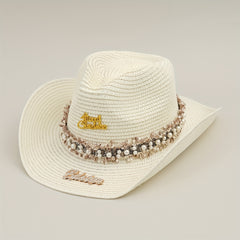 Rhinestone Bride Cowboy Hat Faux Pearl Lace Hatband Decor Straw Jazz Hat