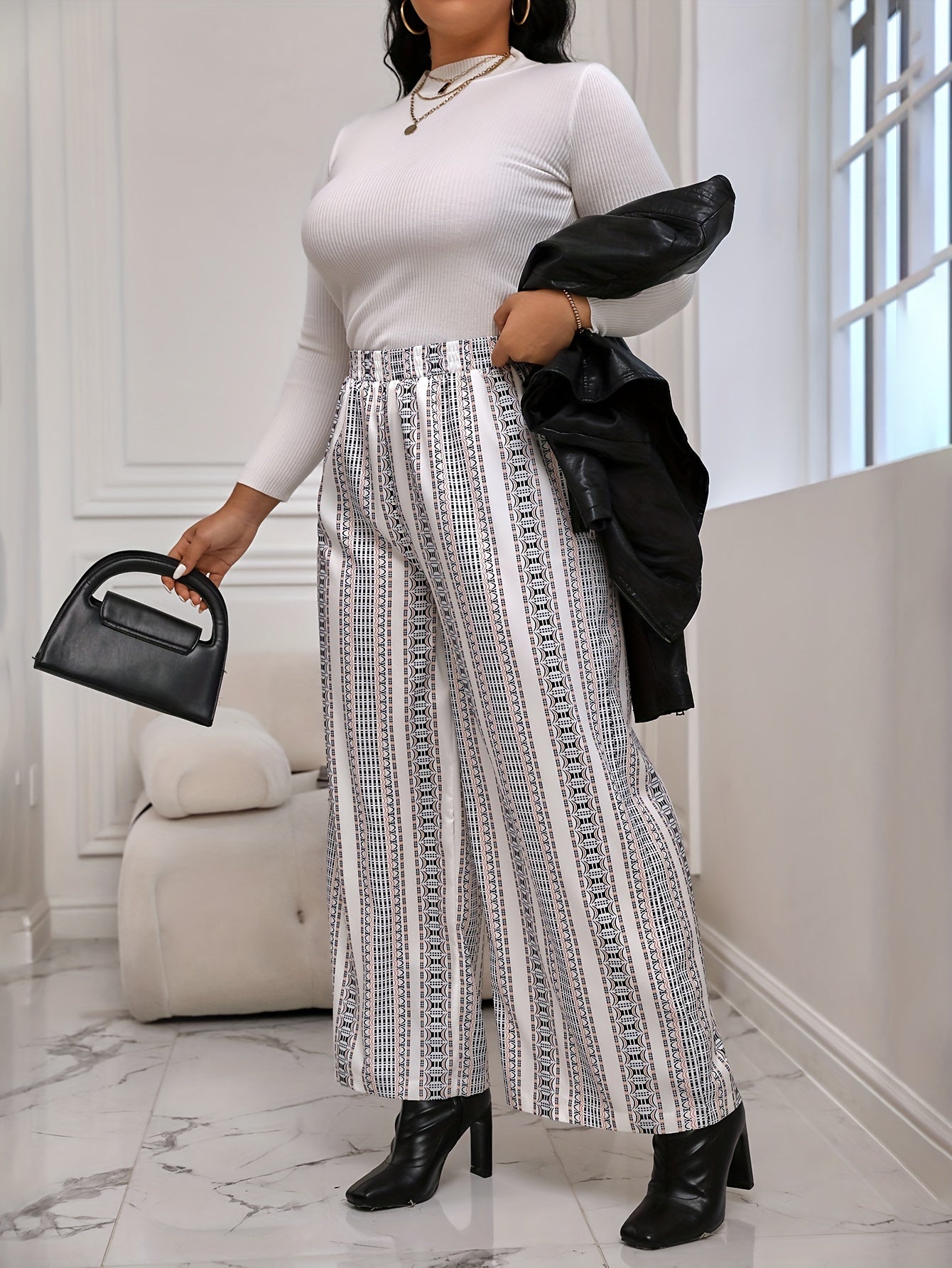 Striped Pattern Wide Leg Boho Pants Plus Size