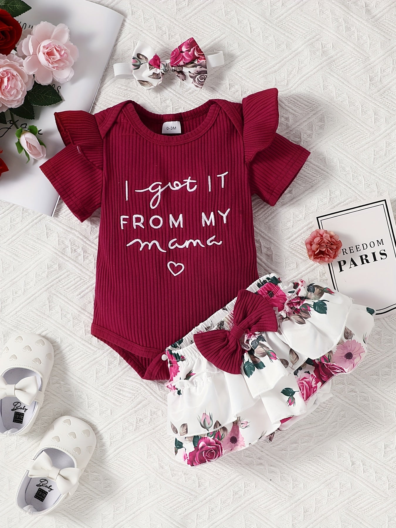 Cute 3-Piece Baby Girl Outfit: 'Mama's Girl' Onesie, Floral Shorts