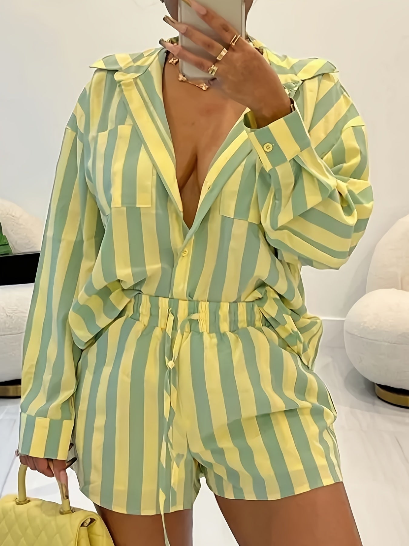  Stripe Print Shirt Top & Shorts Set