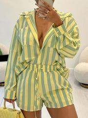  Stripe Print Shirt Top & Shorts Set