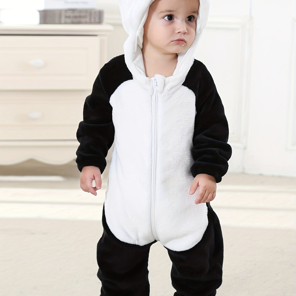 Panda Shape Baby Hooded Thermal Romper Zip Up Long Sleeve