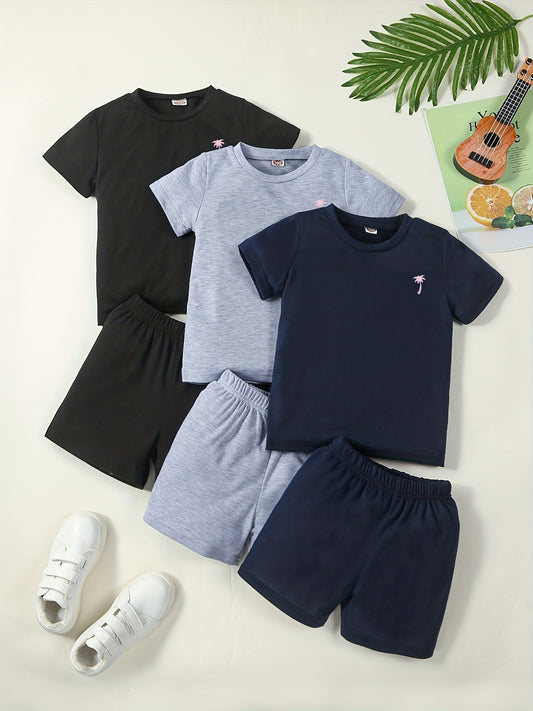3pc Boys Short Sleeve Tshirt & Shorts Set Coconut Tree Print Casual Kids Clothes