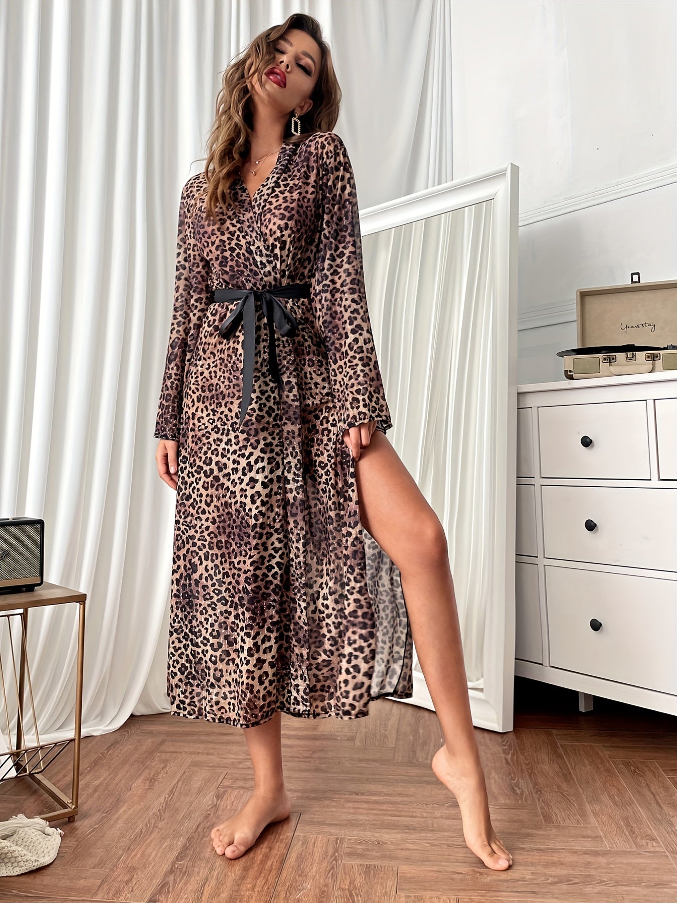 Leopard Mesh Night Robe V Neck Long Robe with Belt