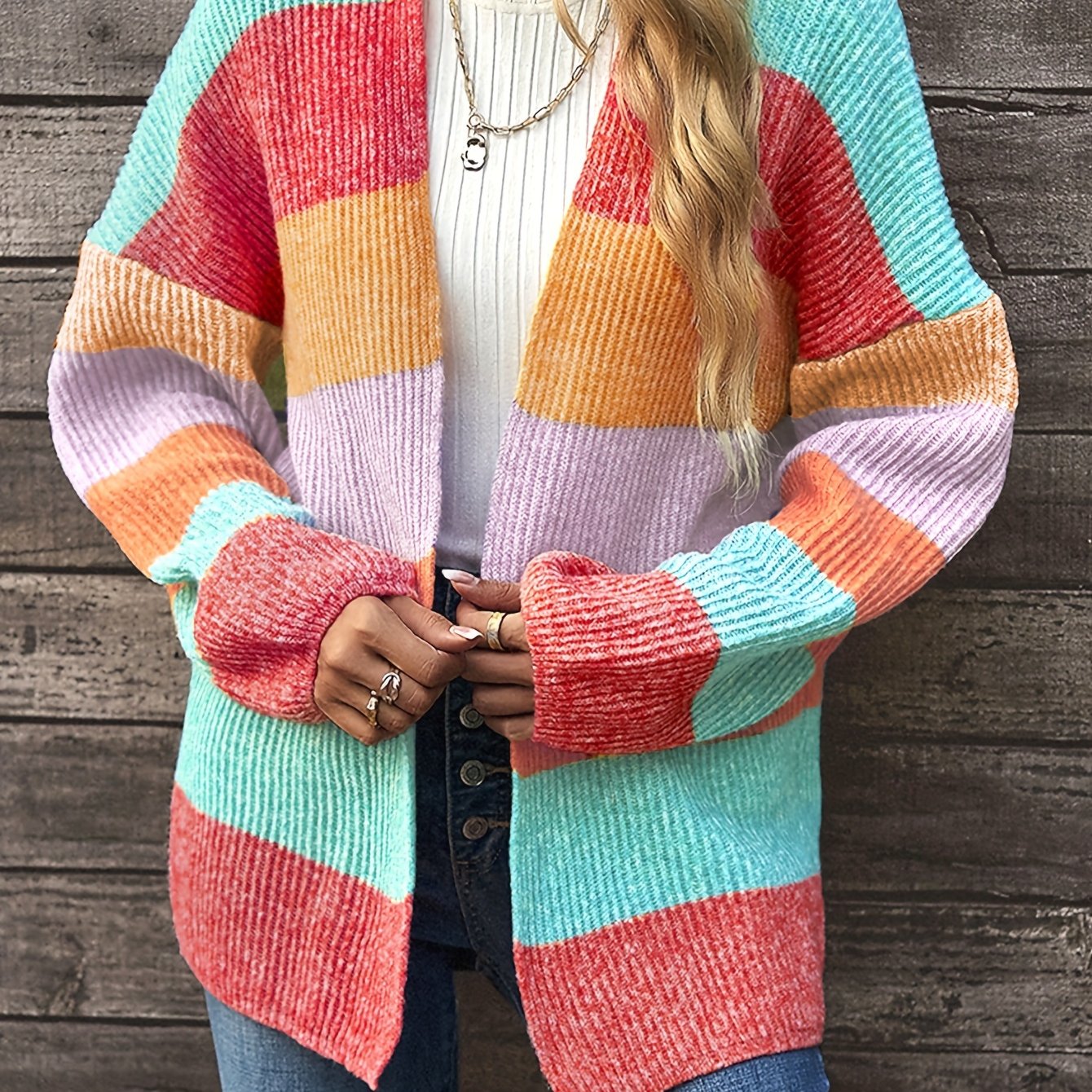  Colorblock Long Sleeve Cardigan