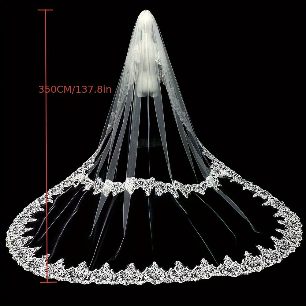 Royal Court Style Lace Bridal Tiara with Floral Pattern Train