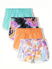 4 Packs Girls Casual Active Shorts With Tie dye And Plain Colors