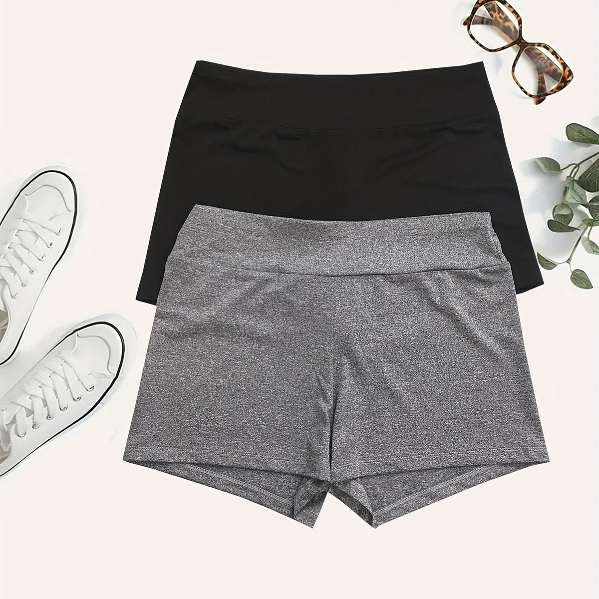 2 Pack Plus Size Sports Shorts Set Women's Plus Solid Medium Stretch Biker
