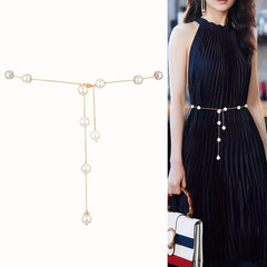 Faux Pearl Waist Chain Dress Shirt Waist Decor Belt Metal Chain
