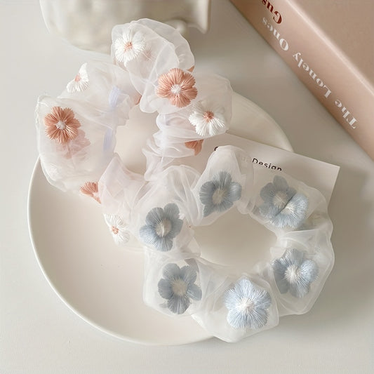 2pcs Flower Pattern Scrunchie Hair Tie Non Slip Ponytail Holder Elastic Hair Acc