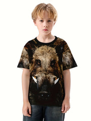 Wild Boar 3D Print Kids T-shirt Boys Summer Sports Lightweight Tee