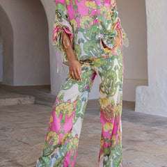  Floral Print Tie Ruched Top & Pants Set
